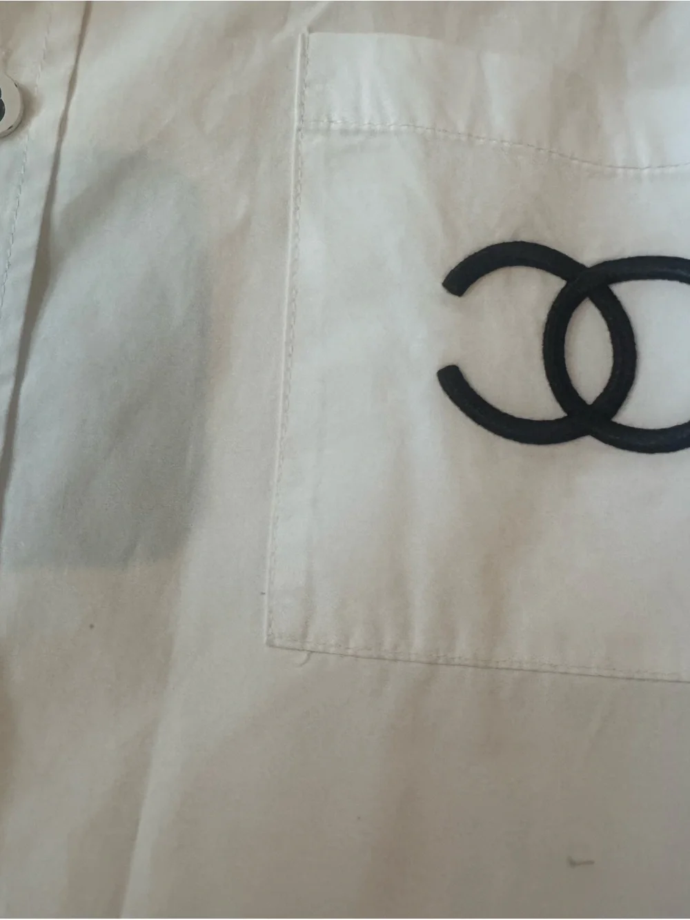 CHANEL White Button-Up Shirt with Black CC Pocket Logo - Picture 2 of 5